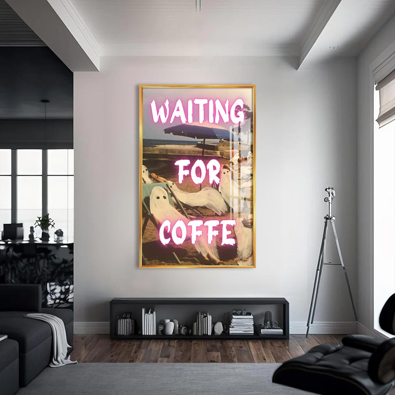 Waiting for Coffee Cam tablo – Altın Çerçeveli Cam Tablo