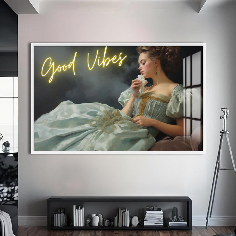 Good Vibes Cam tablo – Beyaz Çerçeveli Cam Tablo