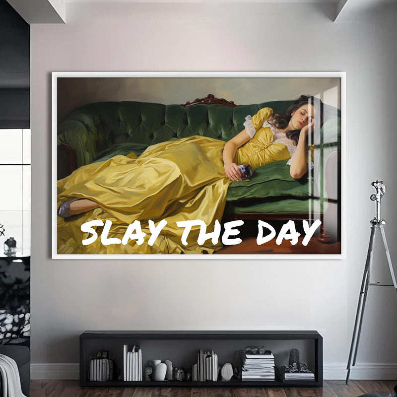 SLAY THE DAY Cam tablo – Beyaz Çerçeveli Cam Tablo