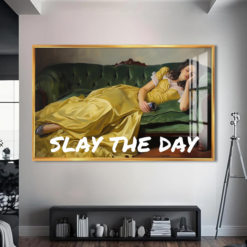 SLAY THE DAY Cam tablo – Altın Çerçeveli Cam Tablo