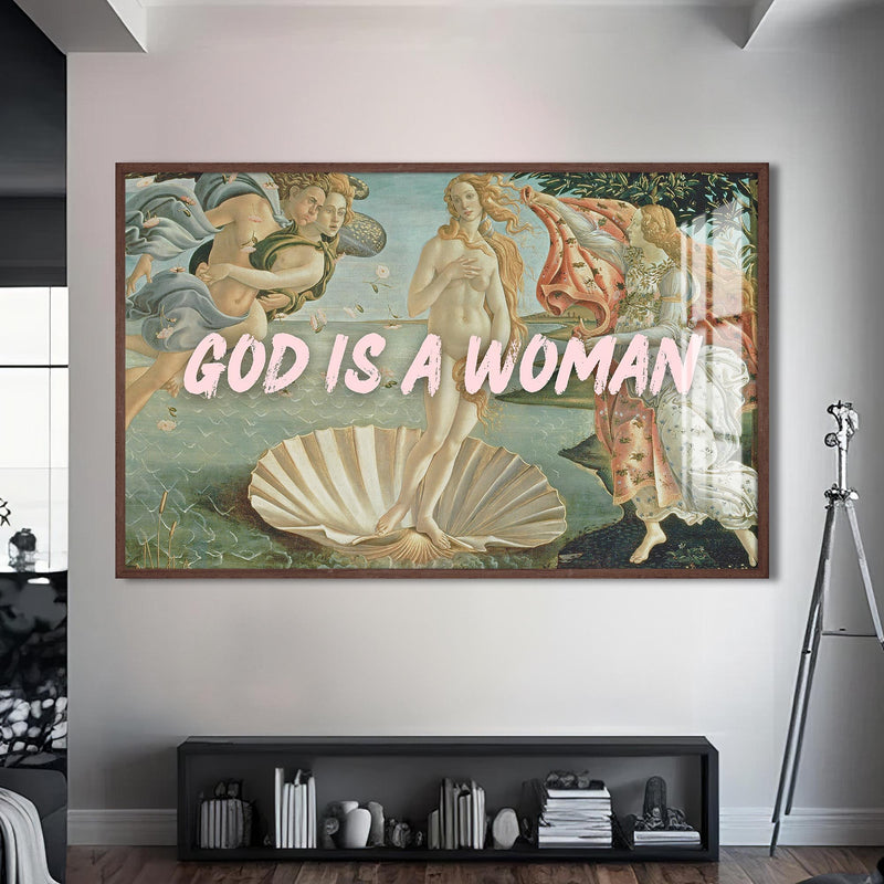GOD IS A WOMAN Cam tablo – Ceviz Çerçeveli Cam Tablo