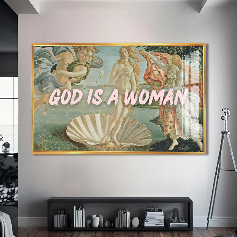 GOD IS A WOMAN Cam tablo – Altın Çerçeveli Cam Tablo