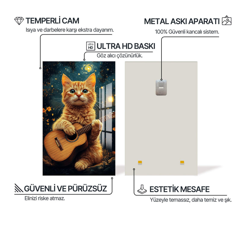 Müzisyen Kedi Cam Tablo – Cam Tablo