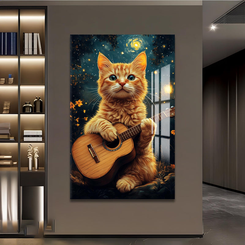 Müzisyen Kedi Cam Tablo – Cam Tablo