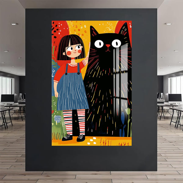 Küçük Kız&Kedi Cam Tablo