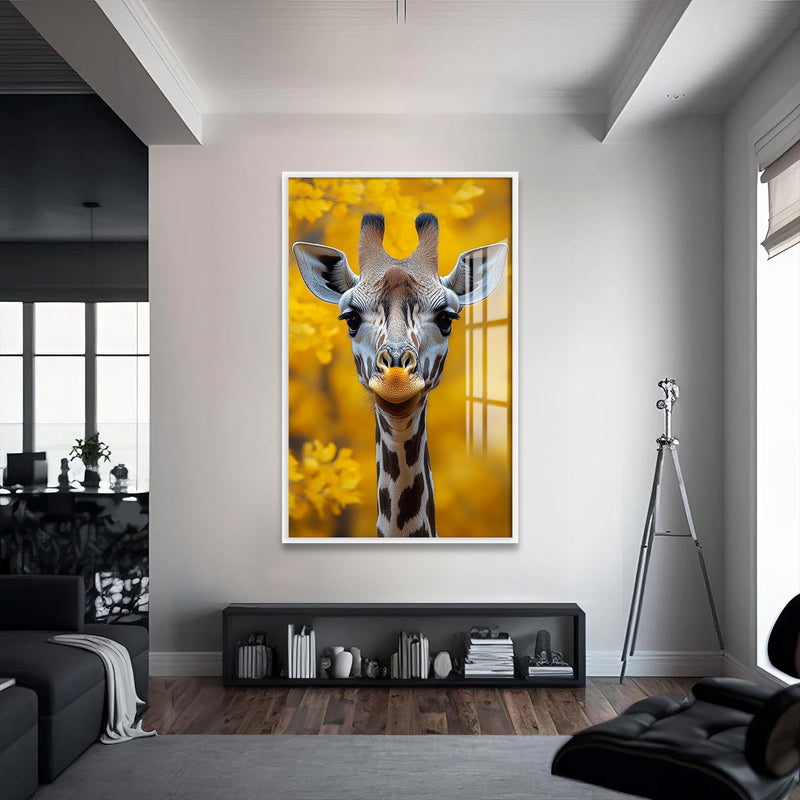 Sonbaharda Zürafa  Cam Tablo – Beyaz Çerçeveli Cam Tablo