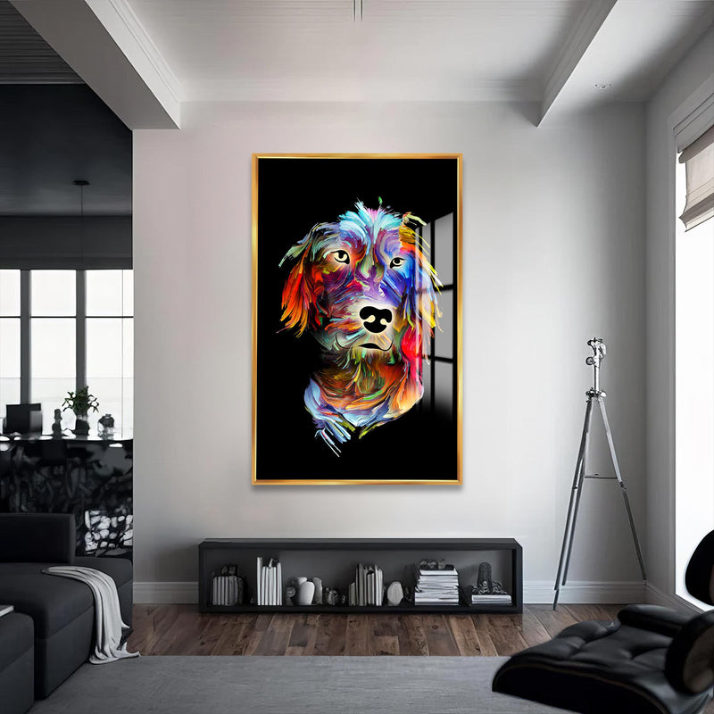 Rengarenk Retriever Cam Tablo – Altın Çerçeveli Cam Tablo