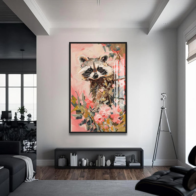 Floral Rakun Cam Tablo – Siyah Çerçeveli Cam Tablo