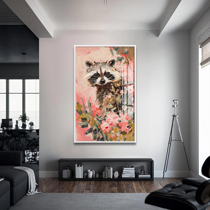 Floral Rakun Cam Tablo – Beyaz Çerçeveli Cam Tablo