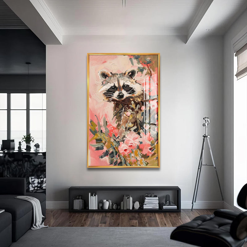 Floral Rakun Cam Tablo – Altın Çerçeveli Cam Tablo