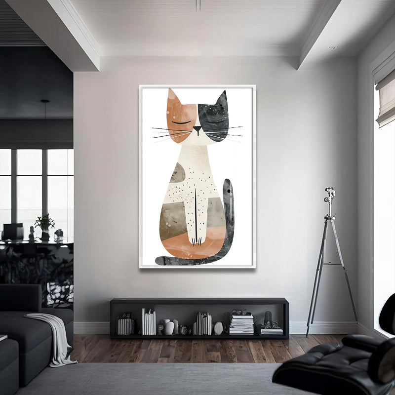 Uykucu Kedi Cam Tablo – Beyaz Çerçeveli Cam Tablo