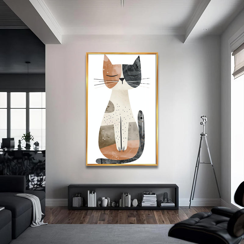 Uykucu Kedi Cam Tablo – Altın Çerçeveli Cam Tablo