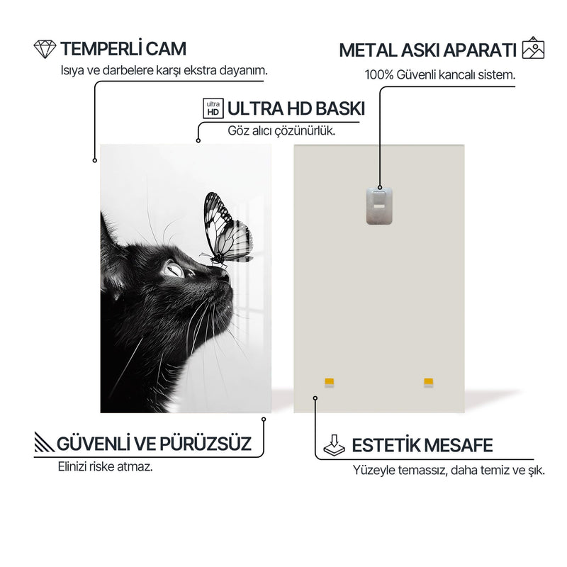 Kelebeği Burnunda Kedi Cam Tablo – Cam Tablo
