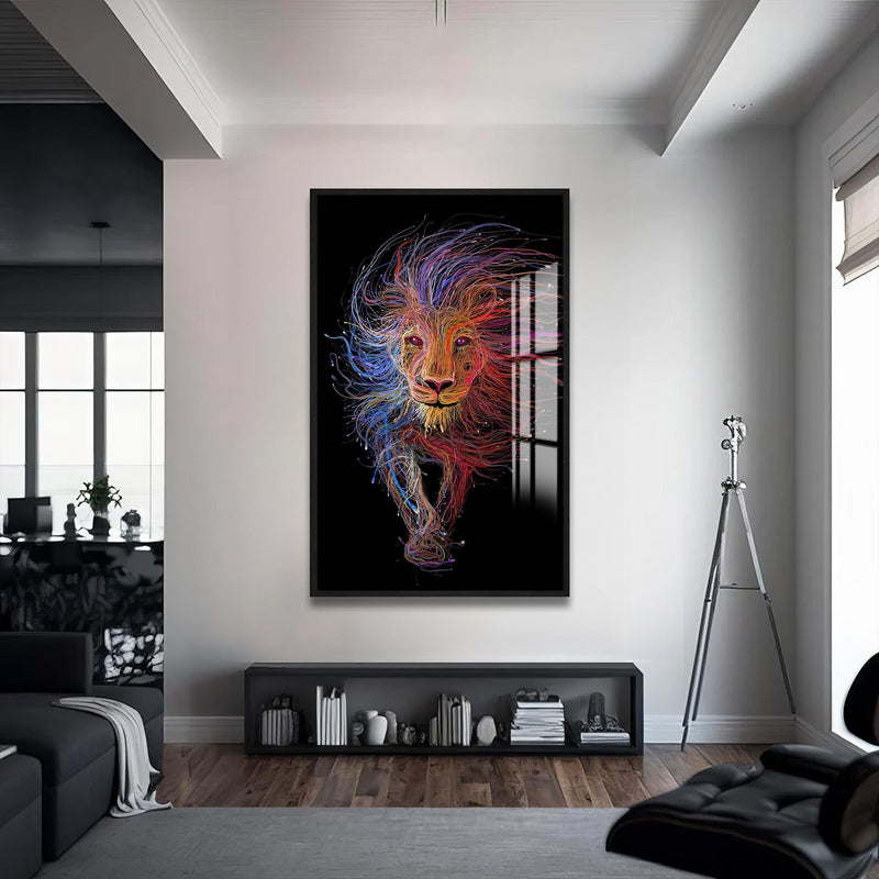 Çizgisel Aslan Cam Tablo – Siyah Çerçeveli Cam Tablo