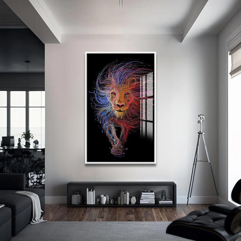Çizgisel Aslan Cam Tablo – Beyaz Çerçeveli Cam Tablo