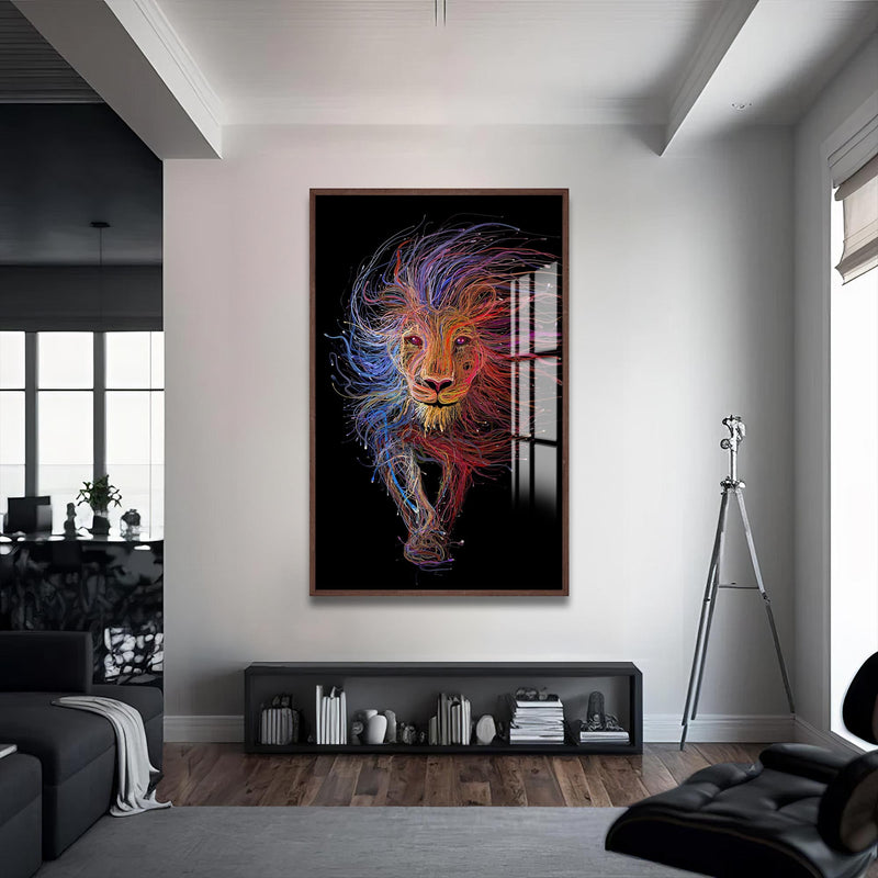 Çizgisel Aslan Cam Tablo – Ceviz Çerçeveli Cam Tablo