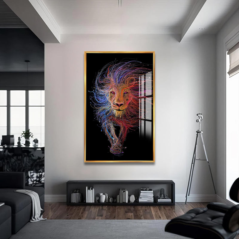Çizgisel Aslan Cam Tablo – Altın Çerçeveli Cam Tablo