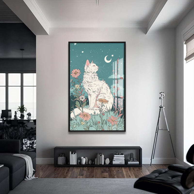 Ay Işığında Kedi Cam Tablo – Siyah Çerçeveli Cam Tablo