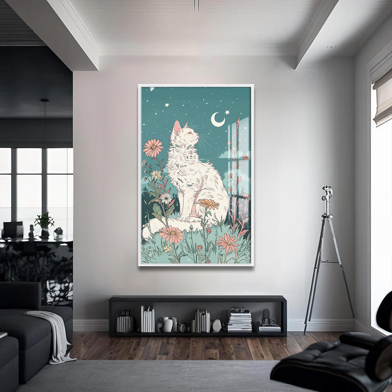 Ay Işığında Kedi Cam Tablo – Beyaz Çerçeveli Cam Tablo