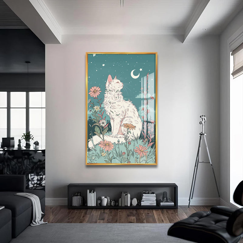 Ay Işığında Kedi Cam Tablo – Altın Çerçeveli Cam Tablo