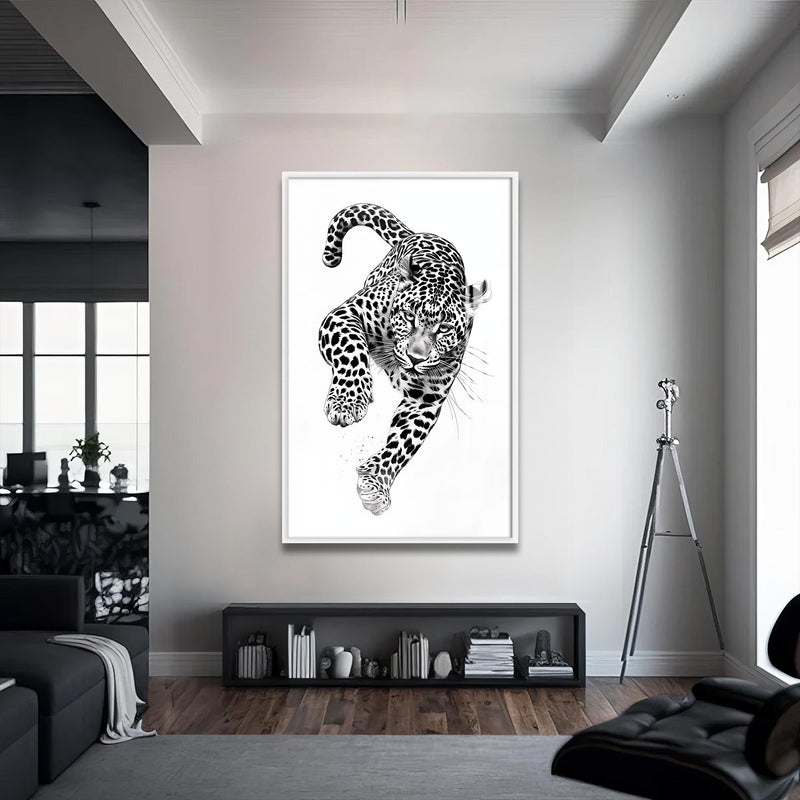 Saldıran Leopar Cam Tablo – Beyaz Çerçeveli Cam Tablo