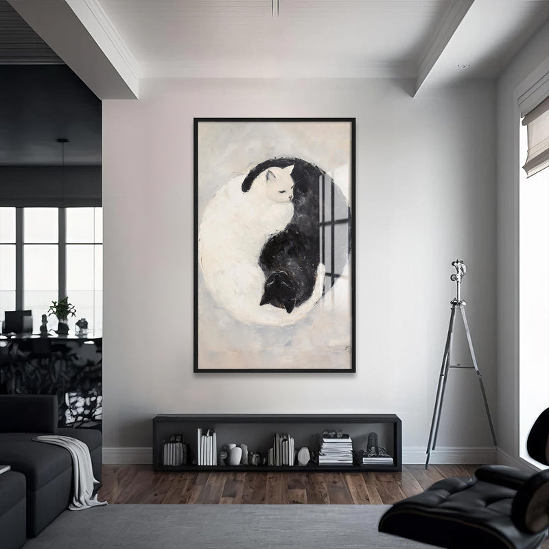 Yin Yang Kedi Cam Tablo – Siyah Çerçeveli Cam Tablo