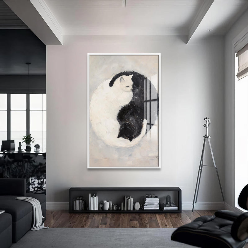 Yin Yang Kedi Cam Tablo – Beyaz Çerçeveli Cam Tablo