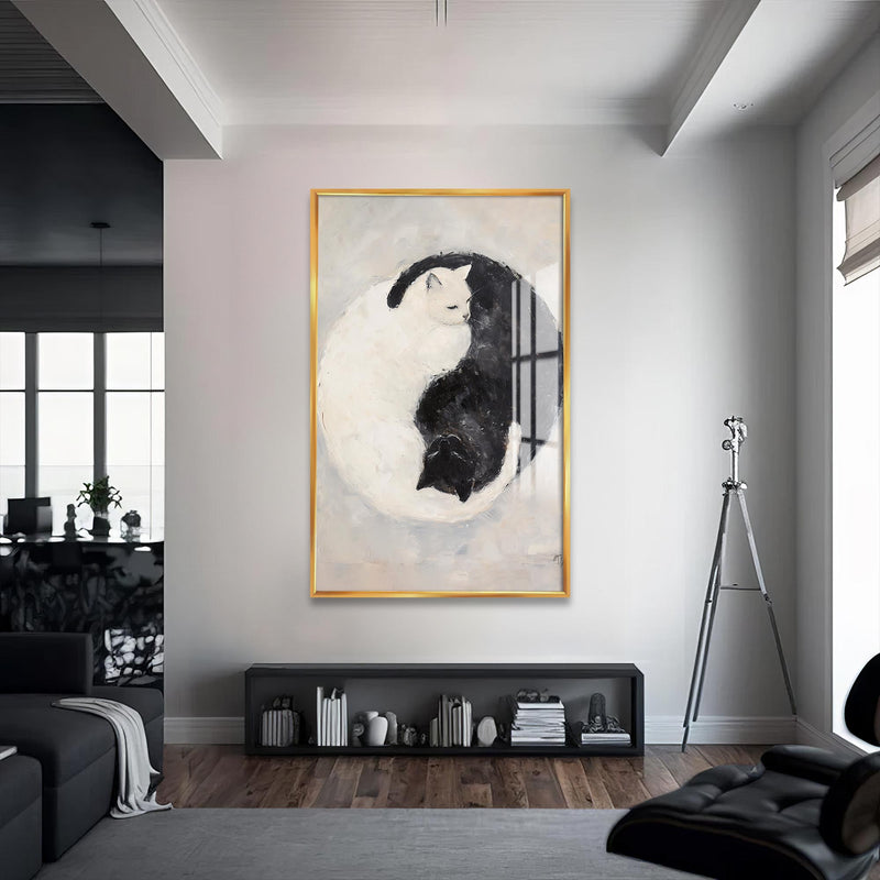 Yin Yang Kedi Cam Tablo – Altın Çerçeveli Cam Tablo