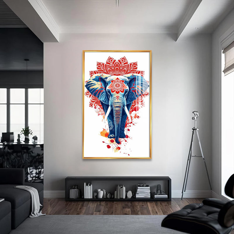 Mandala Fil Cam Tablo – Altın Çerçeveli Cam Tablo