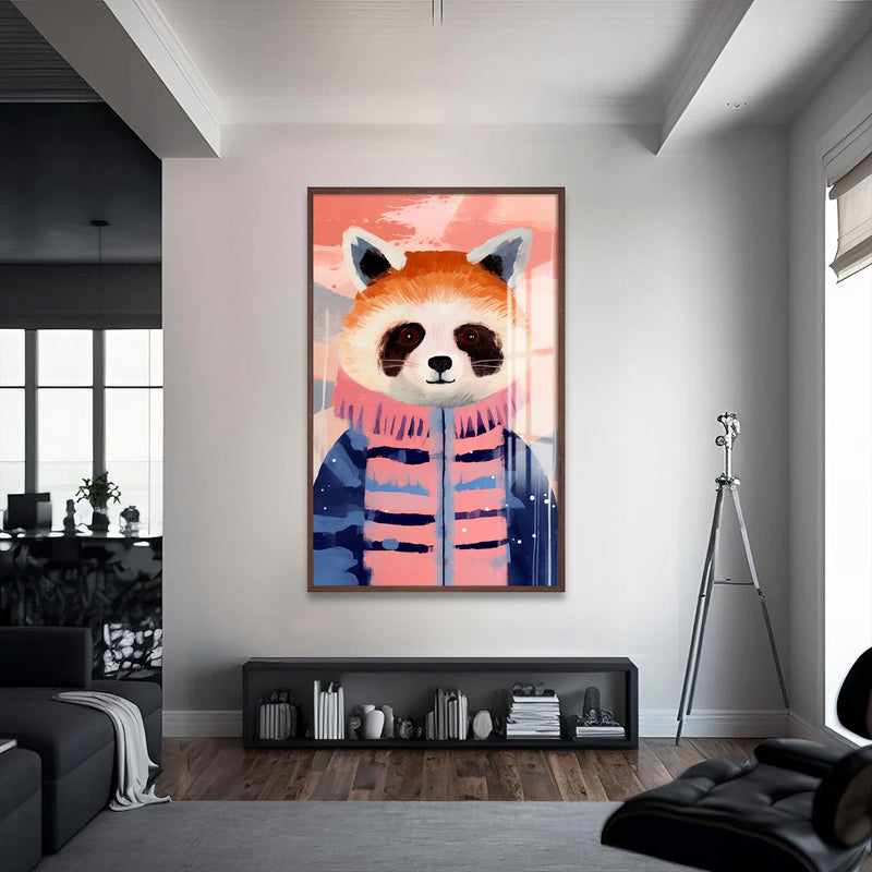 Montlu Kızıl Panda Cam Tablo – Ceviz Çerçeveli Cam Tablo