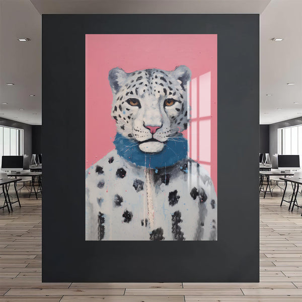 Atkılı Kar Leoparı Cam Tablo