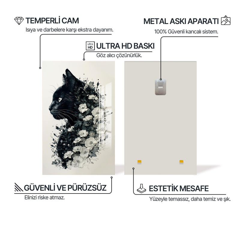 Çiçekli Kedi Cam Tablo – Cam Tablo