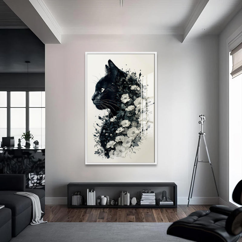 Çiçekli Kedi Cam Tablo – Beyaz Çerçeveli Cam Tablo