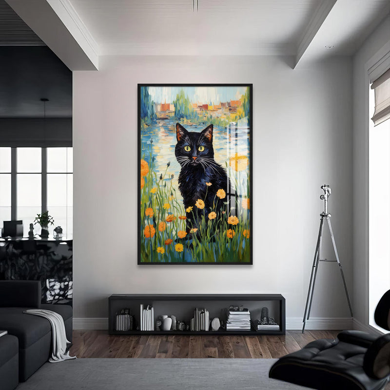 Gölde Kara Kedi Cam Tablo – Siyah Çerçeveli Cam Tablo