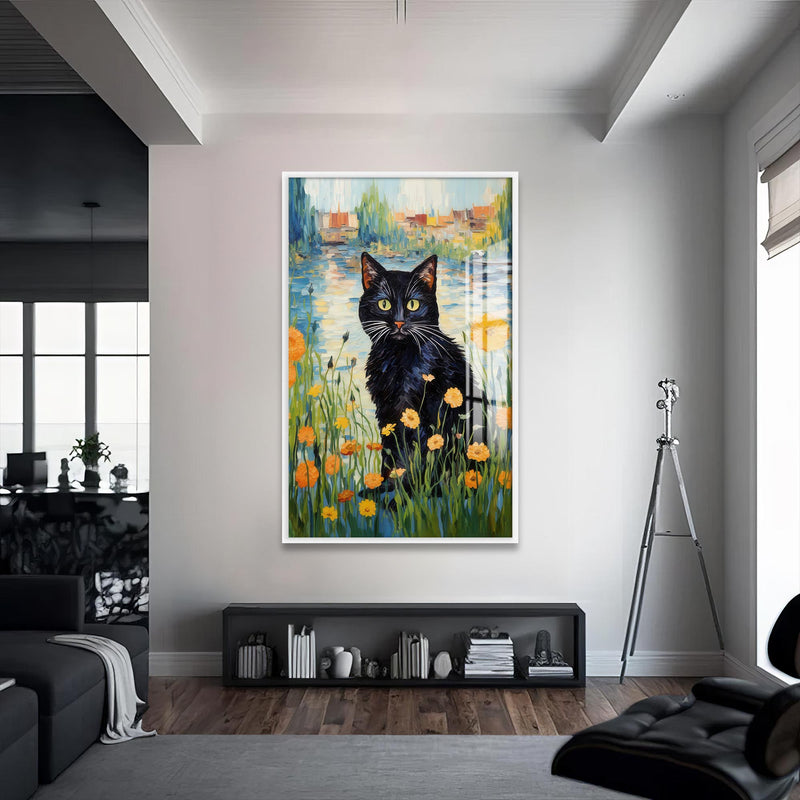 Gölde Kara Kedi Cam Tablo – Beyaz Çerçeveli Cam Tablo