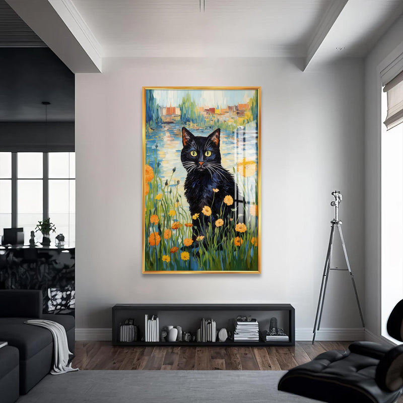 Gölde Kara Kedi Cam Tablo – Altın Çerçeveli Cam Tablo