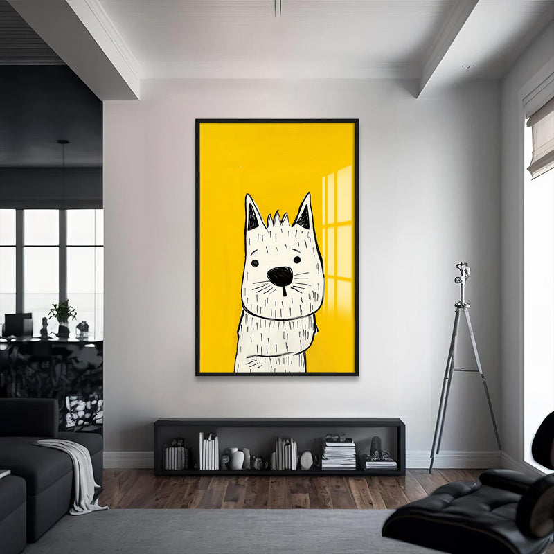 Beyaz Köpek Cam Tablo – Siyah Çerçeveli Cam Tablo