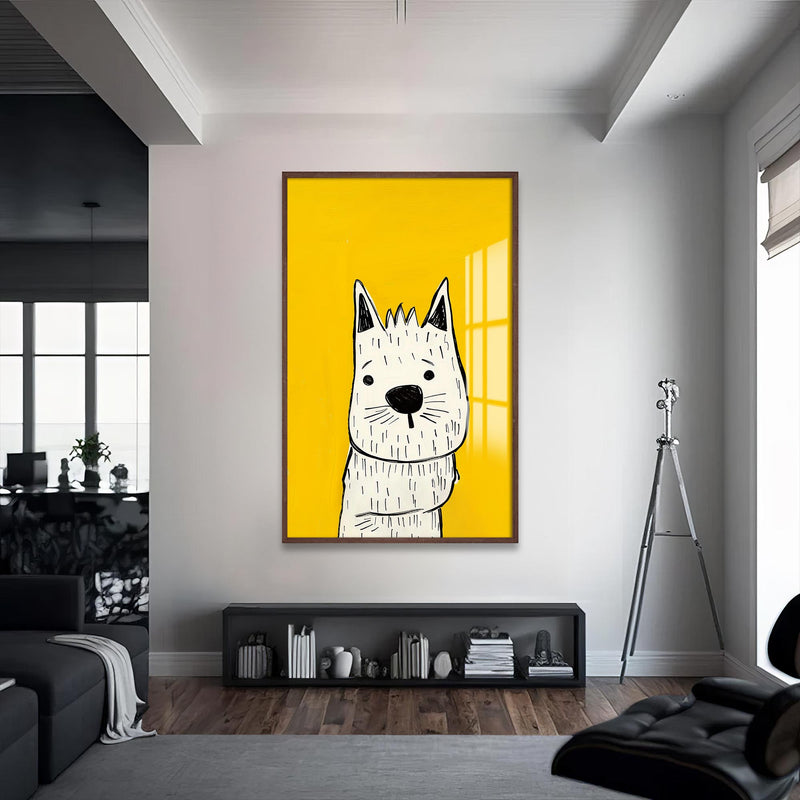 Beyaz Köpek Cam Tablo – Ceviz Çerçeveli Cam Tablo