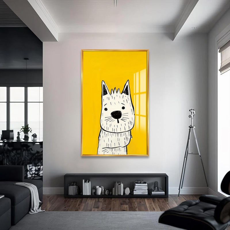 Beyaz Köpek Cam Tablo – Altın Çerçeveli Cam Tablo