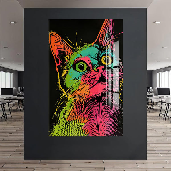 Rengarenk Çizgisel Kedi Cam Tablo