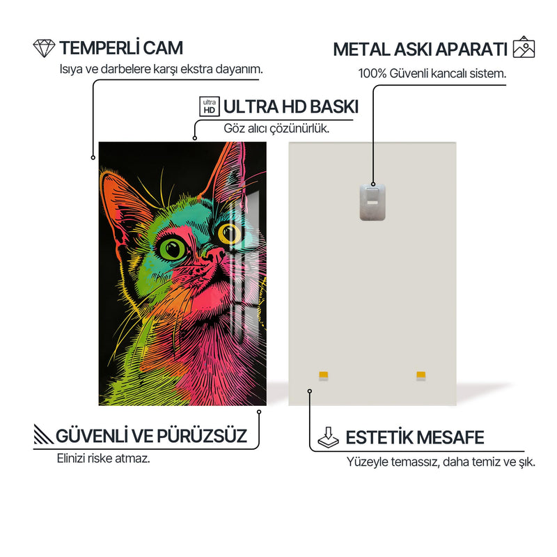 Rengarenk Çizgisel Kedi Cam Tablo – Cam Tablo