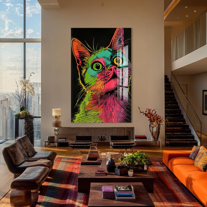 Rengarenk Çizgisel Kedi Cam Tablo – Cam Tablo