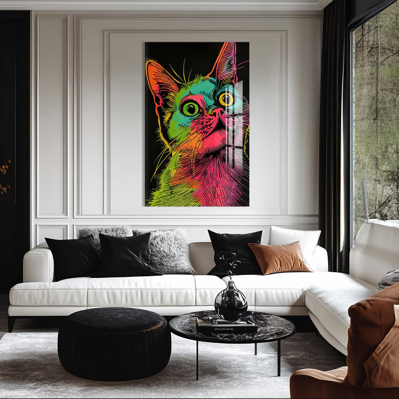 Rengarenk Çizgisel Kedi Cam Tablo – Cam Tablo