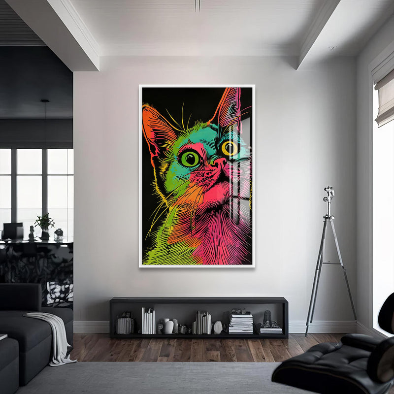 Rengarenk Çizgisel Kedi Cam Tablo – Beyaz Çerçeveli Cam Tablo
