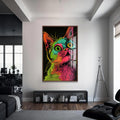 Rengarenk Çizgisel Kedi Cam Tablo – Ceviz Çerçeveli Cam Tablo