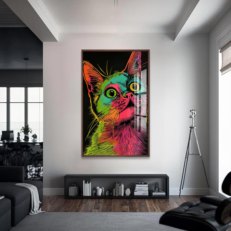 Rengarenk Çizgisel Kedi Cam Tablo – Ceviz Çerçeveli Cam Tablo