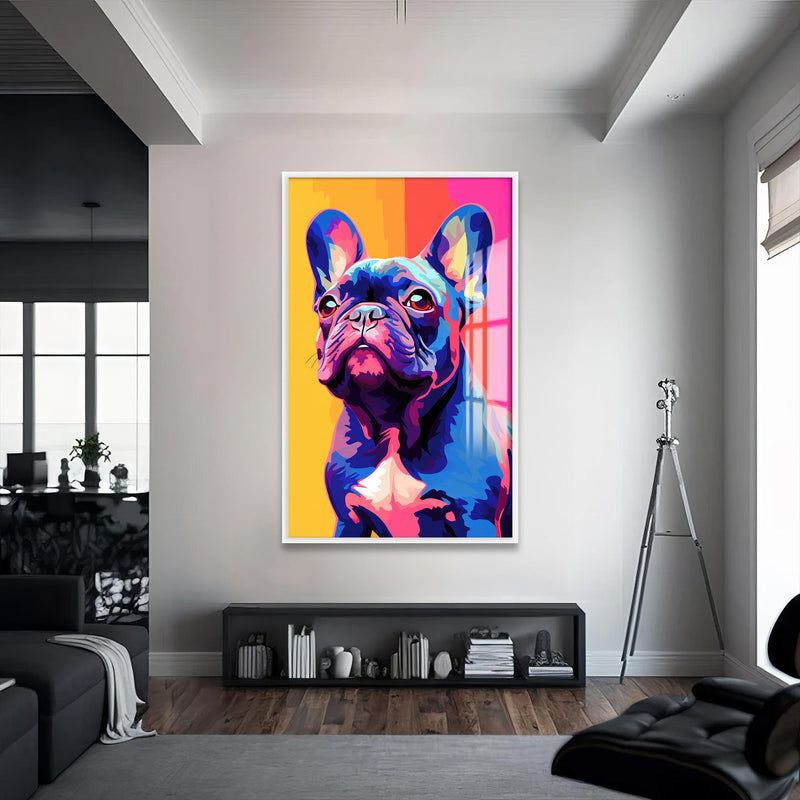 Rengarenk Fransız Buldog Cam Tablo – Beyaz Çerçeveli Cam Tablo