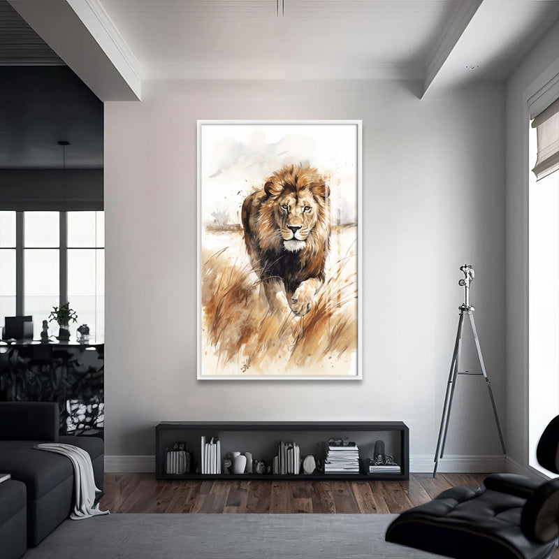 Tetikte Aslan Cam Tablo – Beyaz Çerçeveli Cam Tablo