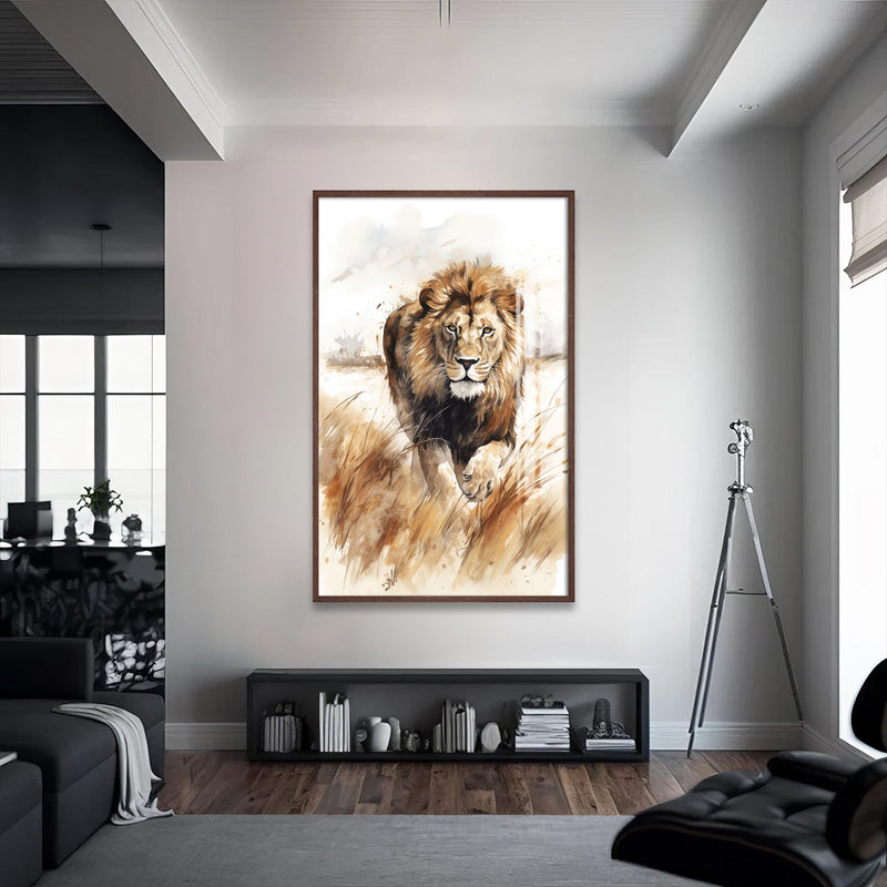 Tetikte Aslan Cam Tablo – Ceviz Çerçeveli Cam Tablo