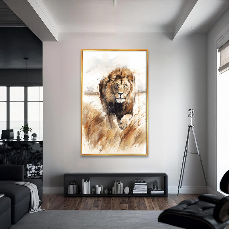 Tetikte Aslan Cam Tablo – Altın Çerçeveli Cam Tablo